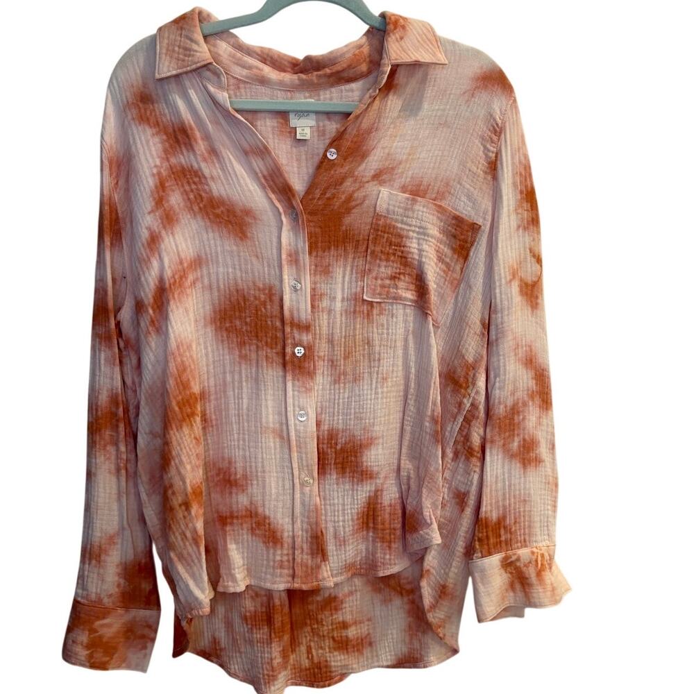 Roan & Ryan Tie Dye Button Down Shirt Orange Cotton Gauze Blouse Evereve Medium
